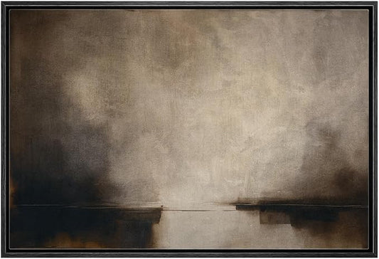MUDECOR Framed Canvas Print Wall Art Misty Horizon Neutral Abstract Minimalist Atmospheric Illustrations Fine Art Decorative Zen Multicolor Country/Farmhouse Retro for Bedroom - 16"x24" BLACK