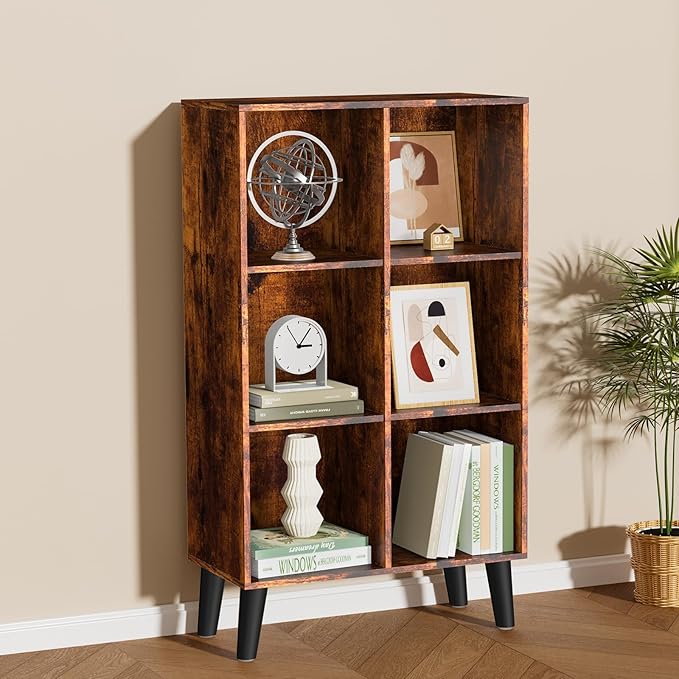 6 Cube Storage Organizer with Legs, 3 Tier Cube Low Bookcase Freestanding Storage Display Organizer for Home Office, Six-Cubes Open Shelf Bookshelf (Retro Brown, 6 Cube Vertical)