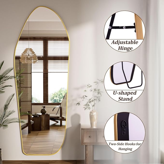 Full Length Floor Mirror - 76"x34" Irregular Diamond Shaped Floor Mirror Aluminum Frame Mirror Full Length for Bedroom Living Room Cloakroom Decor Gold