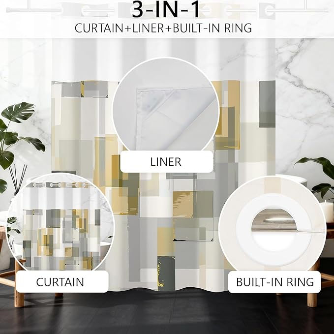 No Hook Shower Curtain with Snap in Liner, Modern Abstract Geometric Print, Grey & Gold Shower Curtains with See Through Mesh Top Window, Waterproof Cloth Fabric, 71x74 Inch