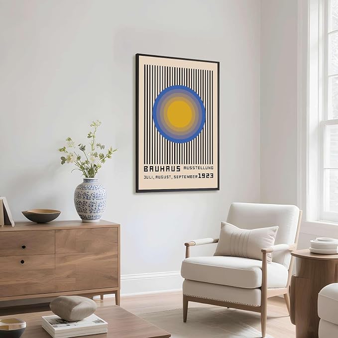 Framed Bauhaus Poster Canvas Wall Art for Living Room Bedroom Office Apartment Home Decor Pictures Wall Decor, Abstract Circles Art Print, Vintage Modern Style Poster (Black Framed,24" LX36W)