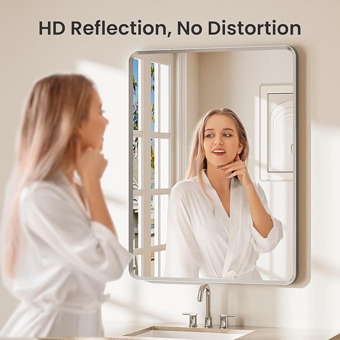 24x36 inch Brushed Nickel Bathroom Mirror, Silver Metal Framed Rounded Rectangle Wall Mount Vanity Mirror, HD Tempered Glass, Aluminum Frame, Horizontal or Vertical Hanging, Modern Home Decor