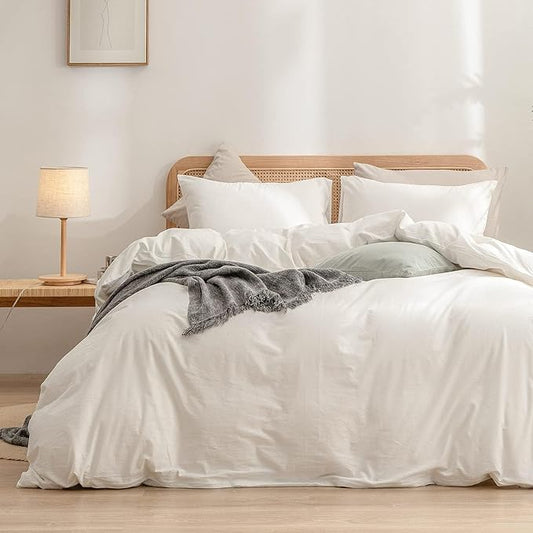 BESTOUCH Duvet Cover Set 100% Washed Cotton Linen Feel Super Soft Comfortable Chic Lightweight 3 PCs Home Bedding Set Solid Off White Alaska King