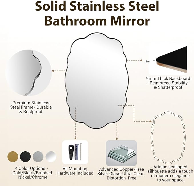 ANDY STAR Chrome Wavy Oval Bathroom Mirror - 24x36 Inch Polished Scalloped Bathroom Mirror, Unique Irregular Design with Heavy Duty SUS Metal Frame
