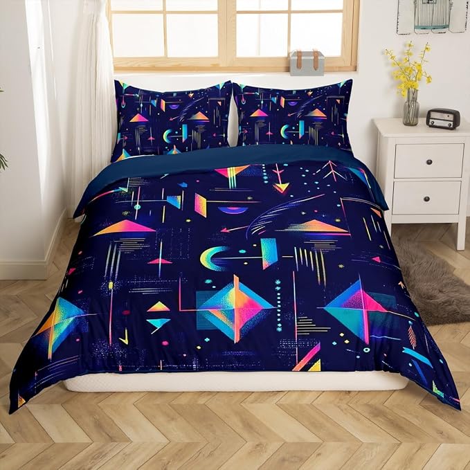 80s 90S Fashion Style Bedding Set Queen Size,Retro Memphis Style Pattern with Geometrical Shapes Duvet Cover for Kids Child,Funky Hipster Old Fashioned Comforter Cover Triangle Geometric Decor