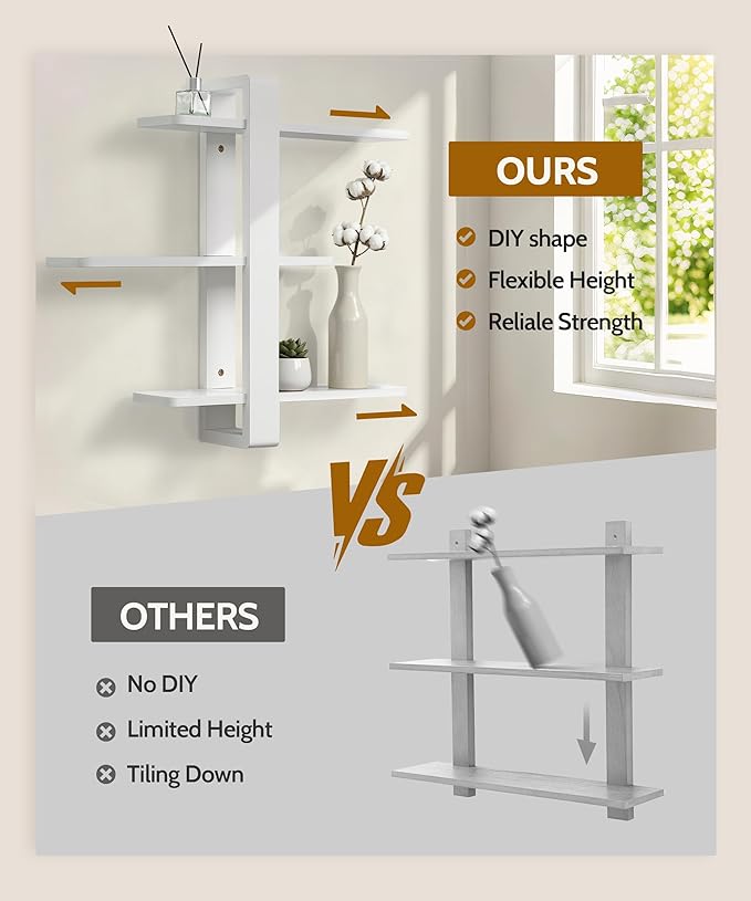 SUMGAR White Floating Shelves for Wall Mounted Shelving Unit All Pine Wood 3 Tier Large Shelf for Bedroom Living Room Office Bathroom Home Decoration Storage Plant Photo Display Modern 20in