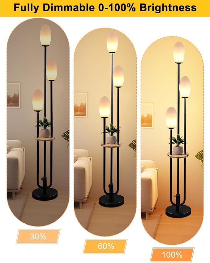 Black Dimmable Floor Lamp with Table, Unique Candle Holder Style Tall Standing Lamps with 3000K G9 Bulbs for Reading, Mid Century Modern Floor Lamp for Living Room Bedroom Office