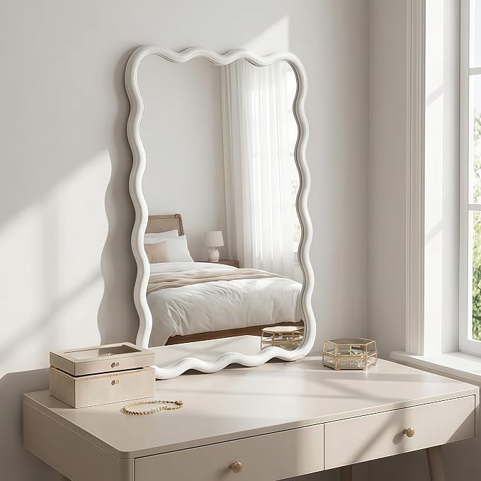 30x20 Inch Wooden Wavy Rectangle Wall Mirror, Modern Solid Wood Frame Decorative Accent Mirror for Bedroom, Bathroom, Living Room, Entryway, White