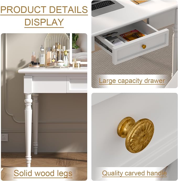 Solid Wood French Country Desk,Writing Desk with Storage Drawers,Farmhouse Computer Table Makeup Table Modern Simple Style,for Home Office Living Room Study Workspace Bedroom (White, 31.5IN)