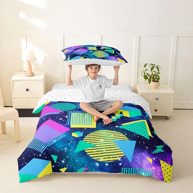 Retro 80s 90s Bedding Set Twin,Abstract Geometric Duvet Cover Urban Modern Circles And Triangle Comforter Cover Colorful Pop Art Inspired Pattern Quilt Cover Mens Hipster Hip-Hop Room Decor