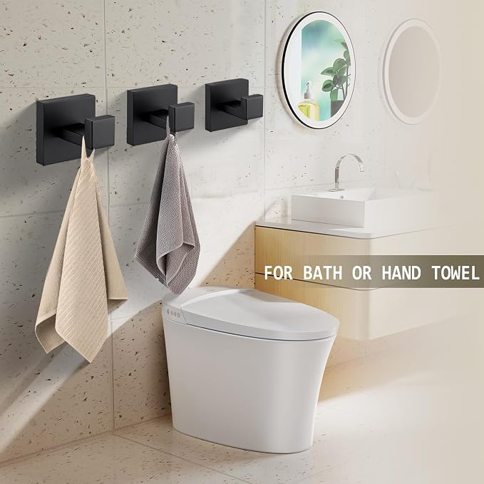 LANC 2PCS Towel Hooks for Bathroom Wall Hooks,Matte Black Robe Hooks Square Coat Hooks, Heavy Duty Stainless Steel Hand Towel Hanger for Bathroom,Kitchen,Bedroom,Hotel, Wall Mount A8805MB-P2