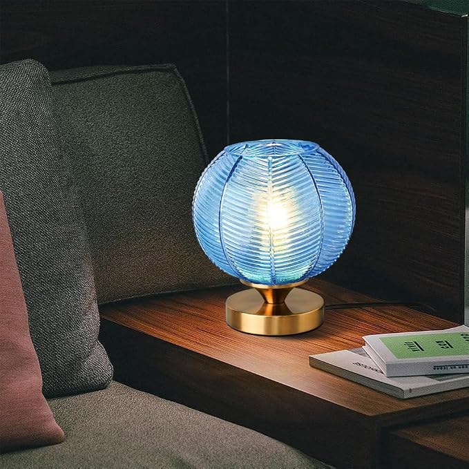 Mid-Century Modern Glass Table Lamp 3 Brightness Levels Dimmable Touch Control Desk Lights with Plug in Cord On/Off Switch, Globe Decor Nightstand Lamps for Bedroom Living Room Office (Blue)