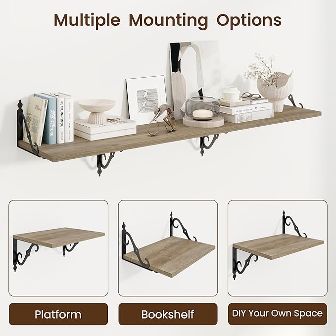 RICHFOCUS 12 Inch Deep Floating Shelves for Wall, 16" W x 12" D Wood Wall Shelves Set of 2, Wide Floating Shelves for Living Room, Bedroom, Kitchen, Bathroom and Decor Storage, Grey