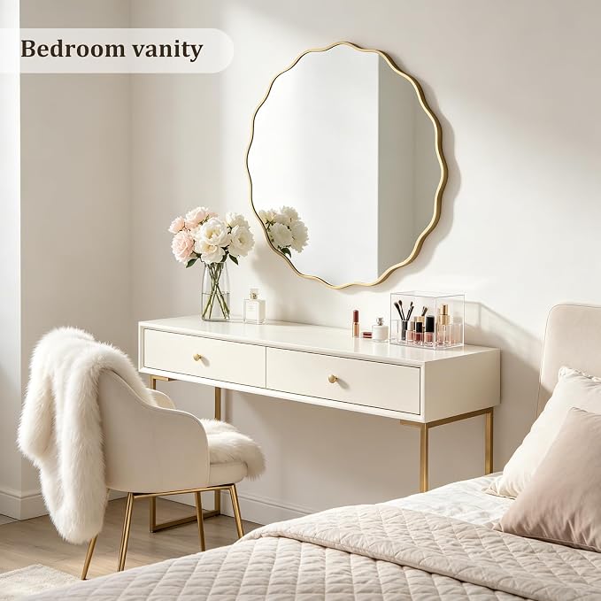 WallBeyond Round Wavy Mirror for Wall Decorative 36 inch, Modern Round Mirror Aluminum Frame for Bathroom Bedroom Living Room Home House Office Entryway, Gold