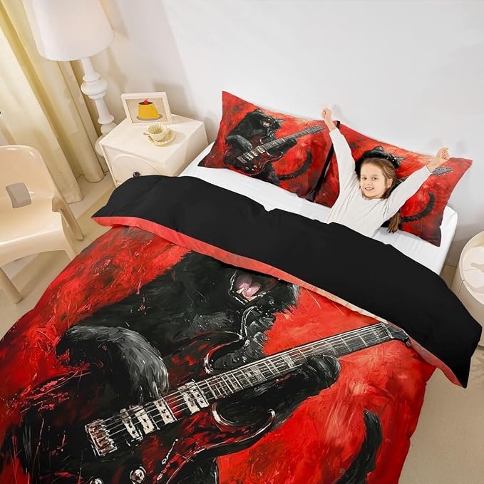 Erosebridal Rock Music Duvet Cover King Rock Black Cat Guitar Bedding Set Punk Music Lovers Room Decor Comforter Cover,Trendy Oil Painting Bed Set