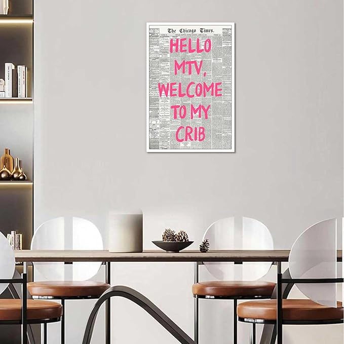 Drimiler Retro Hello Mtv Welcome To My Crib Posters Pink Font Newspaper Canvas Wall Art Positive Affirming 70'S Room Aesthetic Prints Painting For Home Bedroom Dorm Wall Decor 8x12in Unframed