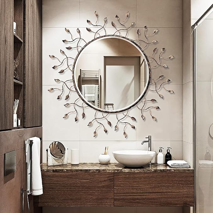 Chende Round Decorative Mirror for Wall Decor, 39" x 39" Large Living Room Mirror with Removable Metal Leaves for Entryway, Home Office, Bedroom,Farmhouse