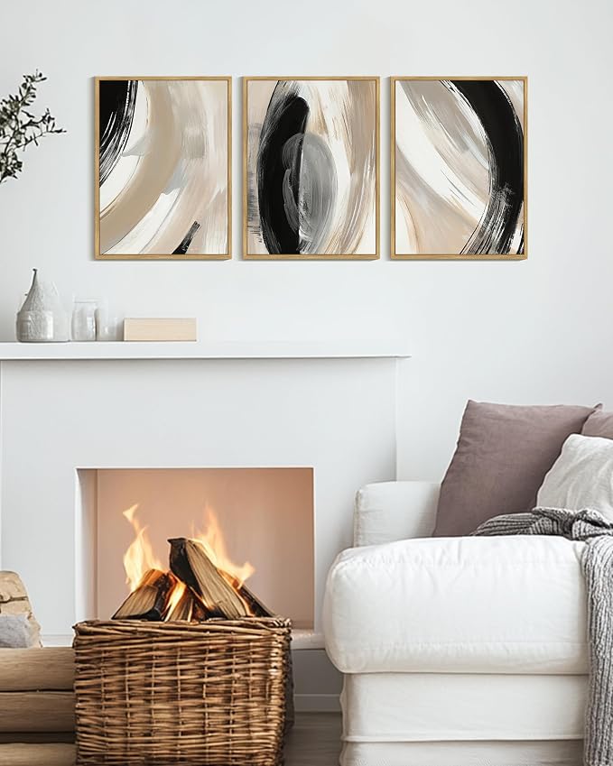 KUVIOKE Black Abstract Framed Wall Art Neutral Minimalist Graffiti Pastel Wall Decor Modern Illustration Art Painting for Bedroom Dining Room 12x16in (Natural Framed)