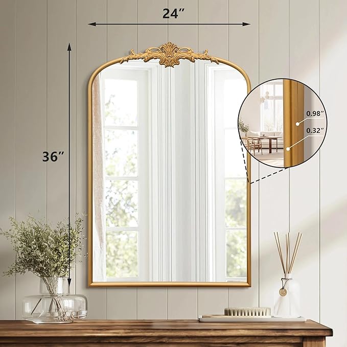 Besdomus Antique Arched Wall Mirror: 24"x36" Large Arch Gleaming Gold Vintage Wall Mounted Mirror - Traditional Ornate Home Decor for Entryway/Fireplace/Bathroom - Idea for Homemakers