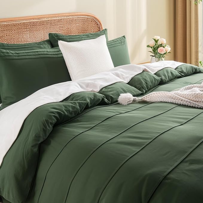NEXHOME PRO 100% Organic Cotton Duvet Cover Queen Size, Pleated Textured Forest Green Duvet Cover Queen, 3pc Bedding Set with Zipper Closure, Soft Lightweight and Breathable,90"x90", No Comforter