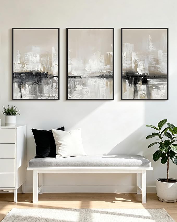 KUVIOKE Abstract Gray Framed Wall Art Neutral Brown Artwork Painting Morden Minimalist Wall Decor Rustic Home Decor 24x36in (Black Framed)