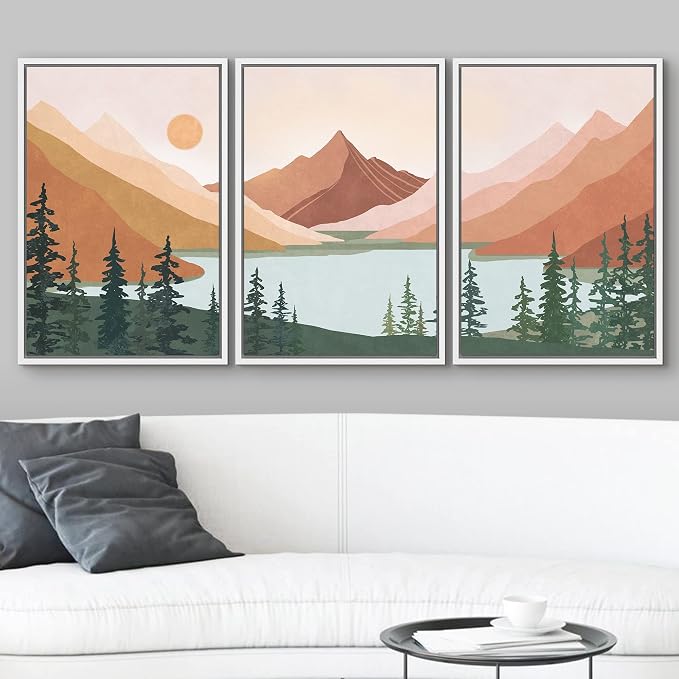 wall26 Framed Canvas Print Wall Art Set Geometric Mountain Forest Lake Abstract Nature Illustrations Modern Art Nordic Decorative Minimal Boho for Living Room, Bedroom, Office - 24"x36"x3 White