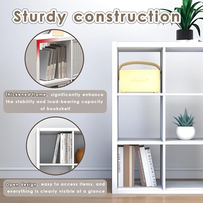 Endearing Limons【2026 Wooden Thick Border 6 Cube Shelf Storage Organizer with Anti-Tipping Kits + Reversible Open Back Bookcase (11 * 11 Unit Cell White)