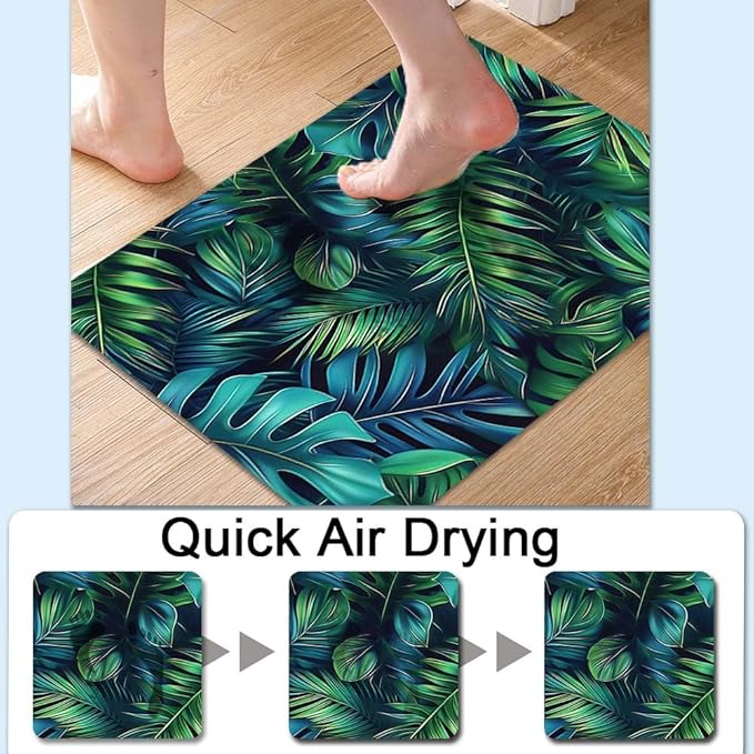 Bath Mat Rug,Green blue tropical leaves Non Slip Quick Dry Super Absorbent Thin Bathroom Rugs Fit Under Door-Easy to clean Bathroom Floor Mats-Shower Rug for Shower Sink Bathtub(17" x 27.5"In)