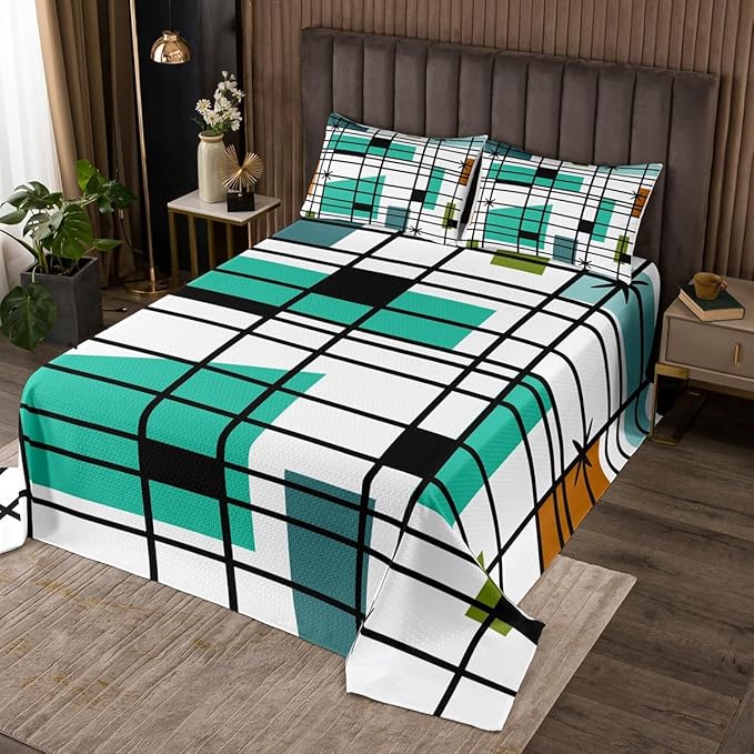 Erosebridal Retro Atomic King Quilt Set White Turqoise Black Coverlet Set, Geometric Lines Stripes Bedding Set Mid Century Minimalist Bedspread Set, Fifties Old Fashion Bed Quilt Microfiber 3pcs