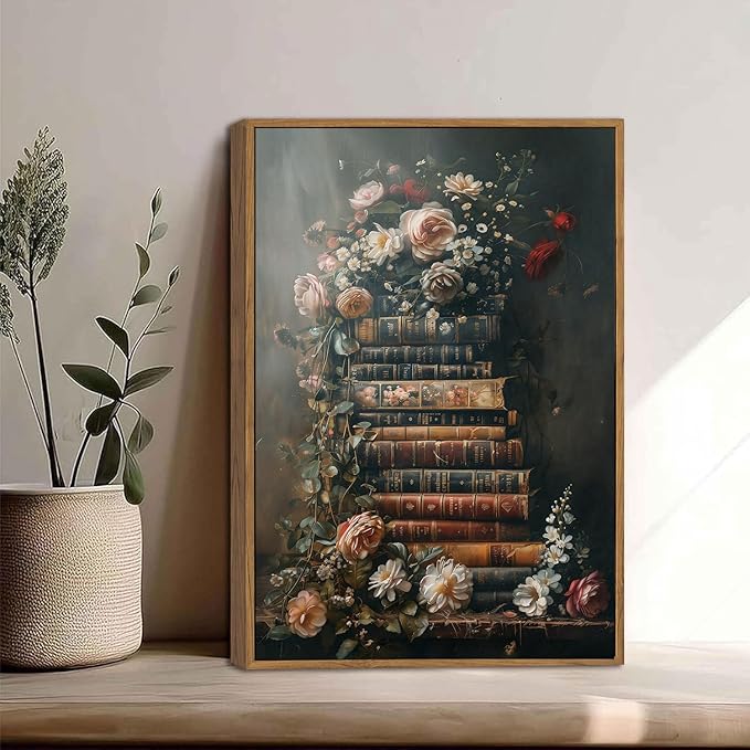 WALLZK Vintage Framed Wall Art Floral Books Canvas Prints Library Antique Literary Retro Decor Botanical Pictures Artwork for Walls Living Room Study Bedroom Bathroom 12"x16"