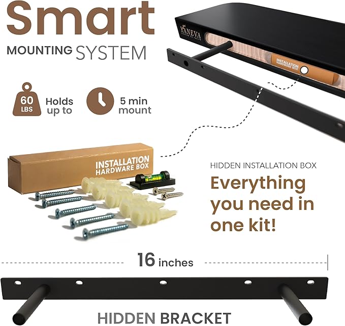 Black Floating Shelves for Wall 16 inch(Set of 2) -Premium Small Wooden Shelf - Natural Wood Floating Shelves for Bathroom & Kitchen -Solid Wood Shelving Wall Mounted -8inch deep Hanging Shelf
