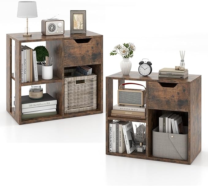 LOKO 3-Cube Bookshelf with Drawer Set of 2, 2-Tier Open Shelf Bookcase, Freestanding Display Shelf, Modern Home Storage Organizer, Shelving Unit for Living Room, Study, Office (2, Rustic Brown)