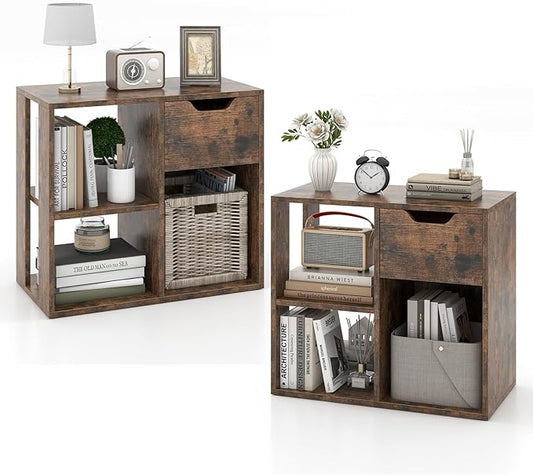LOKO 3-Cube Bookshelf with Drawer Set of 2, 2-Tier Open Shelf Bookcase, Freestanding Display Shelf, Modern Home Storage Organizer, Shelving Unit for Living Room, Study, Office (2, Rustic Brown)