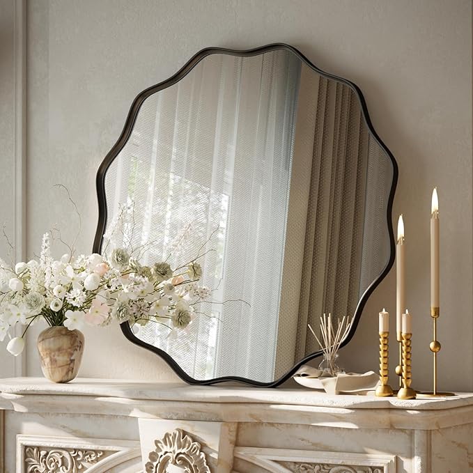 VooBang Black Scalloped Circle Mirror, 24" Wavy Edge Round Wall Mirror with Tempered Glass Textured Circular Metal Deep Frame, Hanging Leaning for Bathroom, Hallway, Entryway, Livng Room