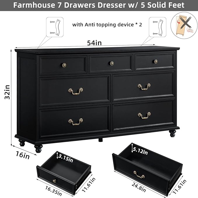 Farmhouse 7 Drawers Dresser Sets of 2 for Bedroom, Black 54 Inch Wide Chest of Drawers w/ 4 Wooden Legs, Large Vintage Rustic Closet Dressers for Living Room, Wood TV Stand