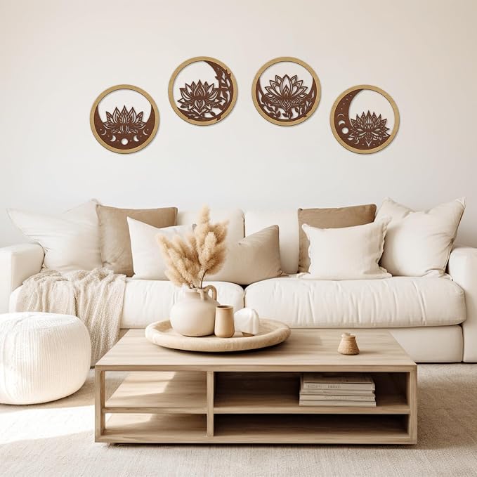 TOARTi 4PCS Buddha Brown Lotus Wooden Wall Art Vintage Mandala Lotus Wall Decor for Living Room Office Bathroom Artwork Indian Mandala Flower Hanging Plaque Abstract Mandala Wood Sign for Yoga Room