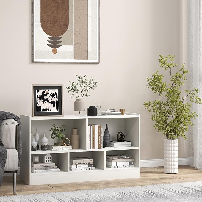 DORTALA 2-Tier Bookcase, 5 Cube Wood Storage Cube Bookshelf, Floor Standing Display Storage Shelf with Non-Slip Foot Pads, Storage Organizer Bookcase for Home Office, Living Room (White)