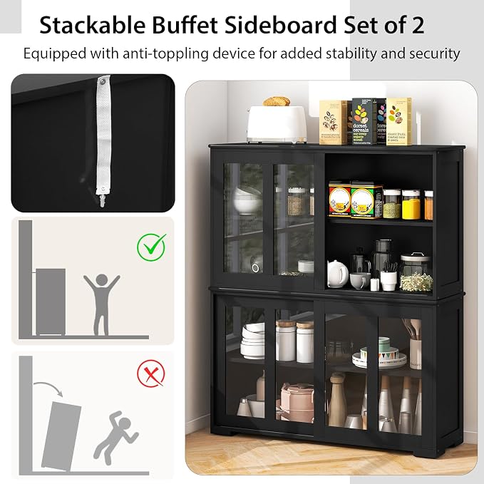 Byroce Sideboard Buffet Cabinet, Stackable Storage Coffee Bar Cabinet with Adjustable Shelf & Glass Sliding Doors, Wood Cupboard Credenza Console Table for Kitchen Dining Living Room (2, Black)