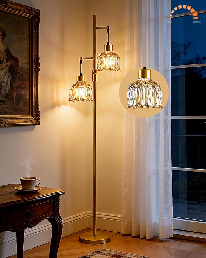 2-Light Modern Glass Floor Lamp, Gold Tall Standing Lamp with Amber Flower Glass Shade for Reading, Dimmable LED Floor Lamp with 5Lbs Heavy Base for Living Room Bedroom Home Decor, Bulb Included