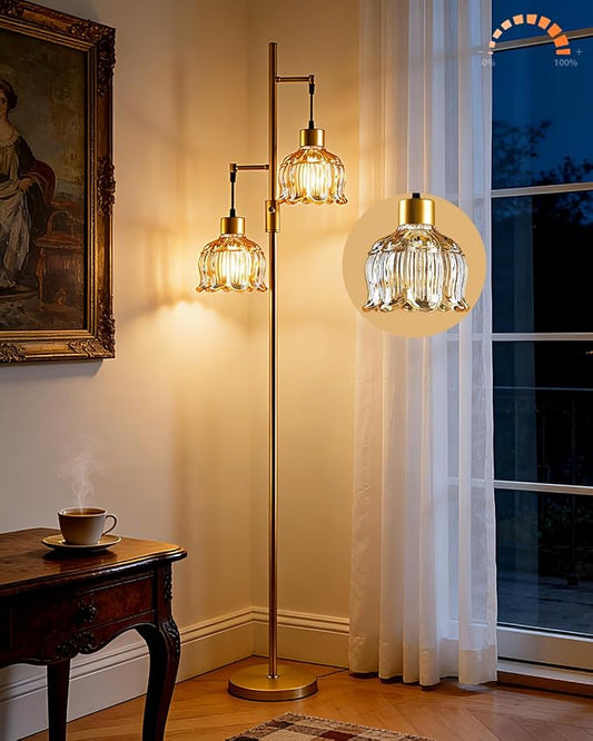 2-Light Modern Glass Floor Lamp, Gold Tall Standing Lamp with Amber Flower Glass Shade for Reading, Dimmable LED Floor Lamp with 5Lbs Heavy Base for Living Room Bedroom Home Decor, Bulb Included