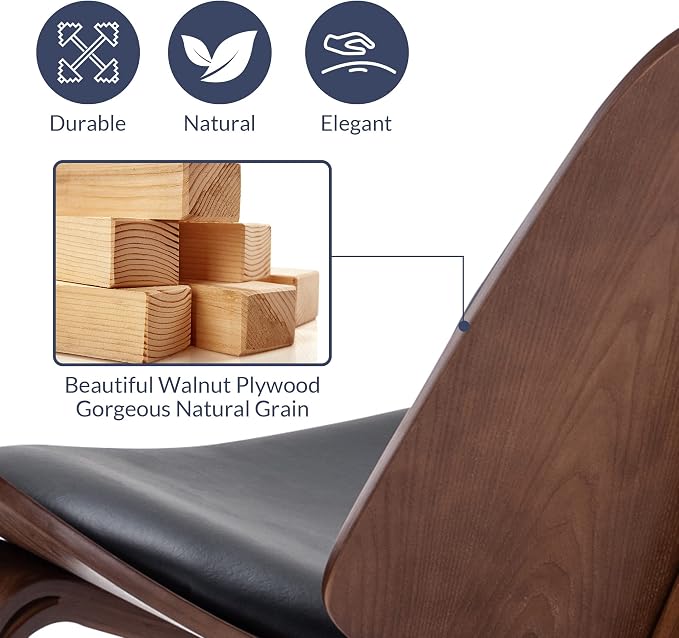 BELLEZE Shell Chairs Set of 2, Armless Mid Century Modern Accent Chairs Faux Leather Shell Lounge Chairs for Living Room Bedroom, Tripod Side Chairs with Padded Seat, Solid Wood- Avalon (Black)