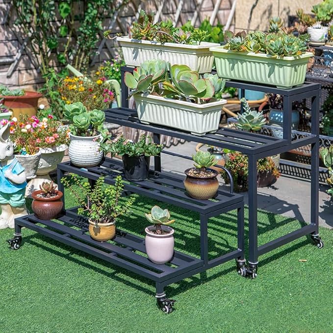 Metal Plant Stand for Outdoor Indoor, 4-Tier Aluminum Plant Stands, Multiple Plants Shelf with Universal Wheel, Flowers Pot Holder Rack for Lawn Garden Balcony Patio