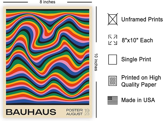 Poster Master Bauhaus Poster - Psychedelic Waves Print - Abstract ART - Rainbow ART - Groovy Style - Chic Boho - Mid Century Modern - Living Room or Bedroom Wall Decor - 8x10 UNFRAMED Wall Decor