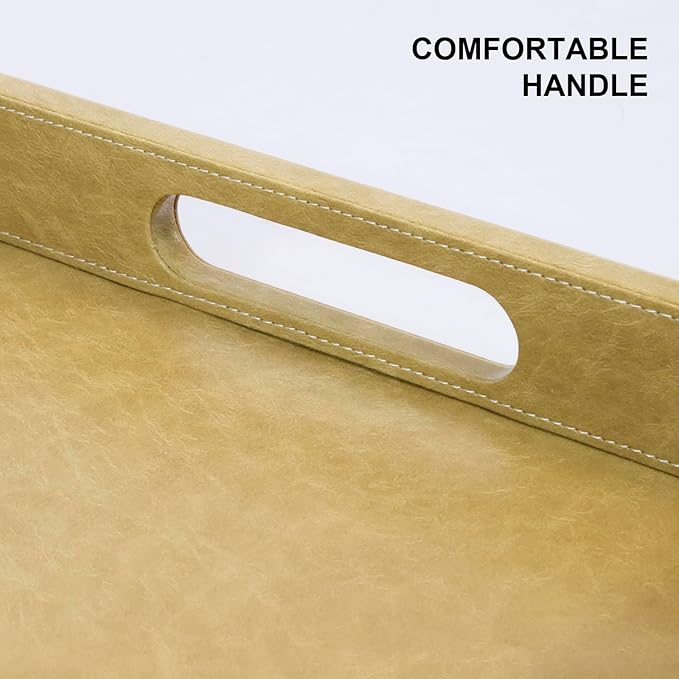 20 * 14 inches Leather Rectangle Serving Tray with Hole Handles,High-End Light Large Service Tray for Ottoman Tray, Tea, Food, Butler - Countertop, Kitchen,Family Dinner, Picnic (Brown)