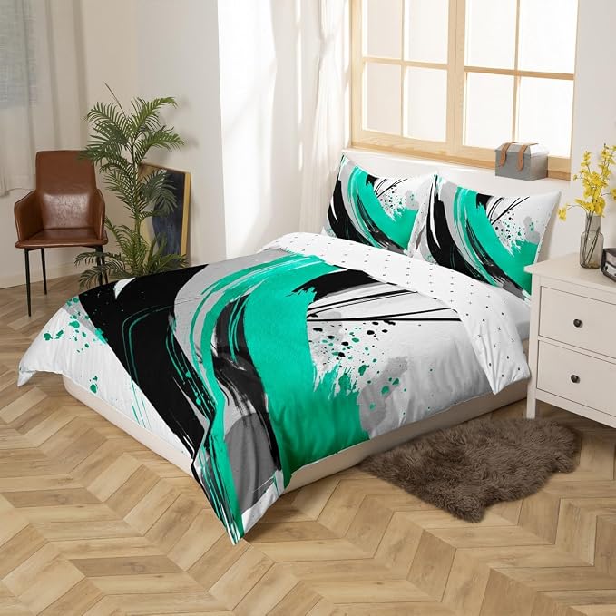 Erosebridal Black and Teal Duvet Cover Twin - Striped Bed Set for Boys Adults Girls Geometric Decorative Abstract Bedding Set Minimalists Graffiti Aesthetic Lines Bed Cover