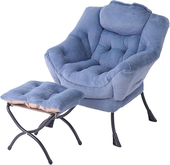 Tiita Lazy Chair with Ottoman, Blue Modern Large Accent Armchair, Comfy Leisure Sofa Reading Chair with Footrest for Bedroom, Living Room, Dorm Rooms, Garden, Plush Light Blue