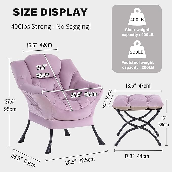 Tiita Lazy Chair with Ottoman, Purple Modern Large Accent Armchair, Comfy Leisure Sofa Reading Chair with Footrest for Bedroom, Living Room, Dorm Rooms, Garden, Velvet Light Purple