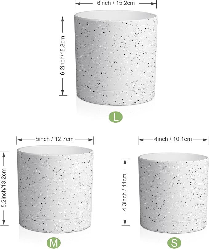 Meowell 6/5/4 inch Plant Pots, 3 Pack Cylinder Flower Pots for Small Indoor Outdoor Plants, Plastic Planters with Drainage Holes and Saucers for Garden Succulent House Plants, Speckled White