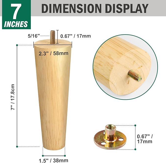 FoDau770 Rubber Wood Furniture Legs 7 Inches, Straight Tapered Wood Feet Mid Century Sofa Legs Set of 4, 5/16" UNC Furniture Feet Replacement Parts for Cabinet Couch Dresser Chair Ottoman Table