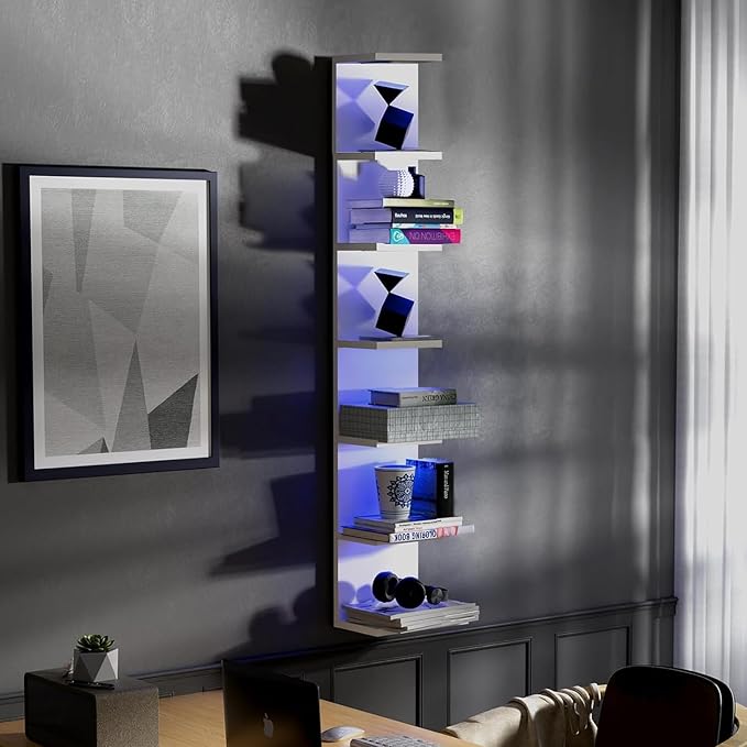 7-Tier Wall Shelf with 10 RGB Lighting Modes, White Wall Mounted Vertical Display Floating Shelf for Home Decor Bedroom Vanity